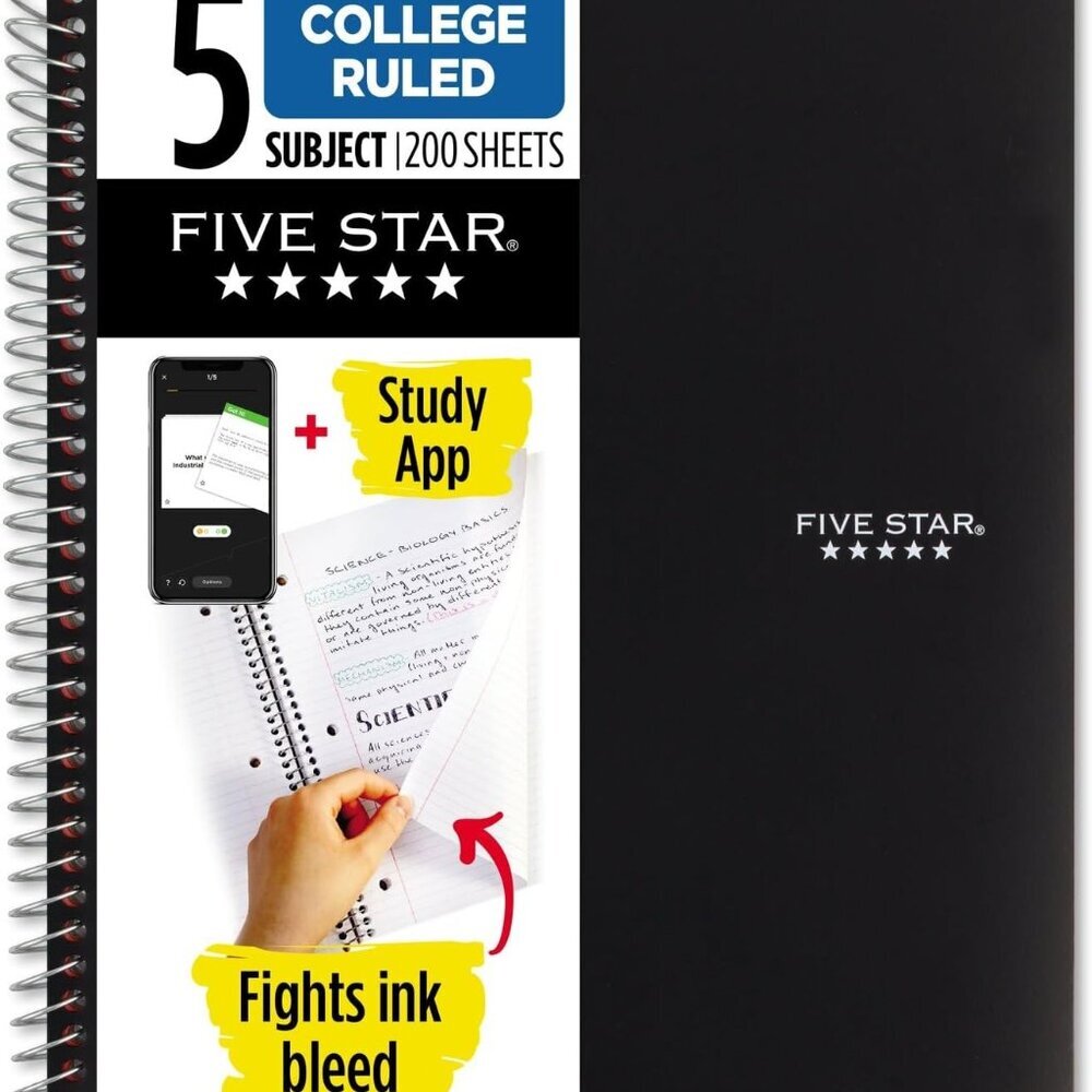 Spiral Notebook + Study App, 5 Subject, College Ruled Paper, 8-1/2" x 11", 200 S